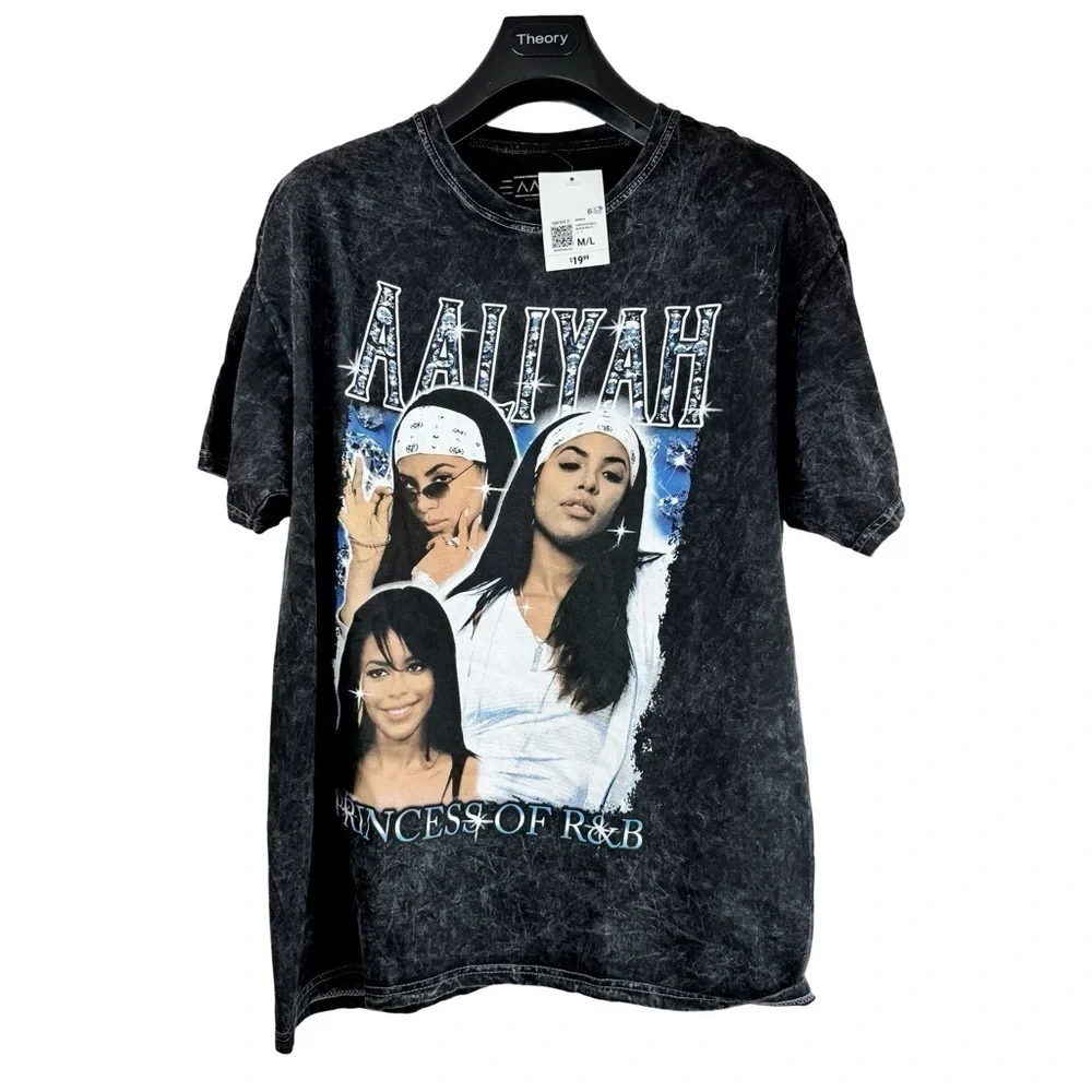 NWT AALIYAH Men's Black Stone Washed Graphic Crew Neck Tee Princess of R&B M/L